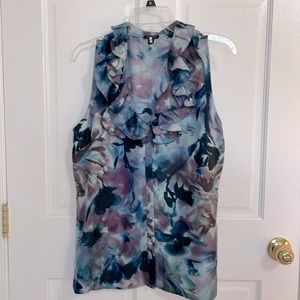 Ann Taylor Silk Button Front Ruffle Neck Blue and Navy Floral Sleeveless Blouse